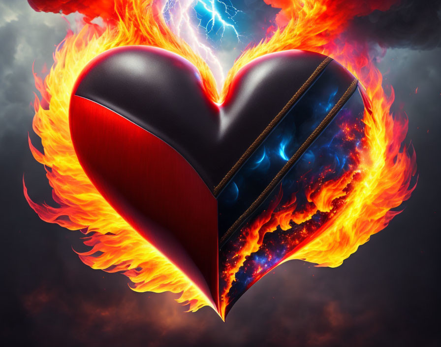 Stylized heart split in flames and cosmic space on dark background