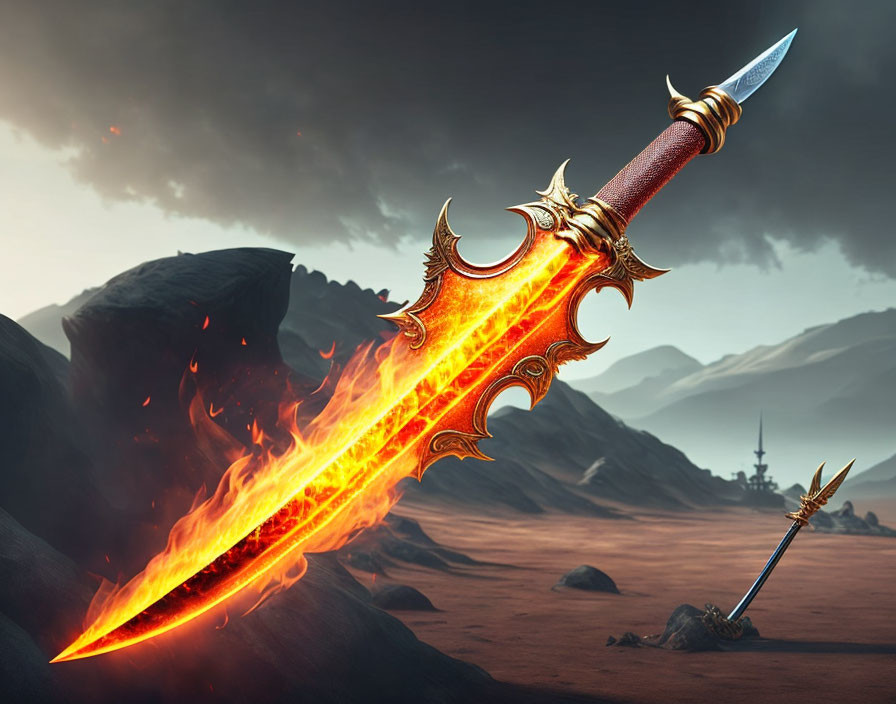 Flaming sword with intricate hilt in rocky terrain under dusky sky