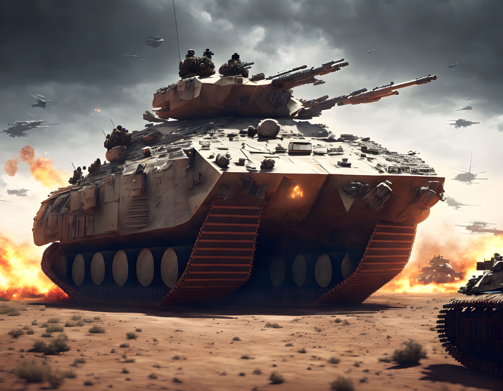 Futuristic tank on barren battlefield with soldiers, explosions, and combat drones.