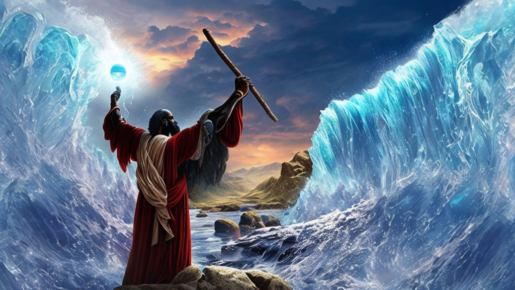 Bearded Figure in Robes Raises Staff Amid Towering Waves and Glowing Sky