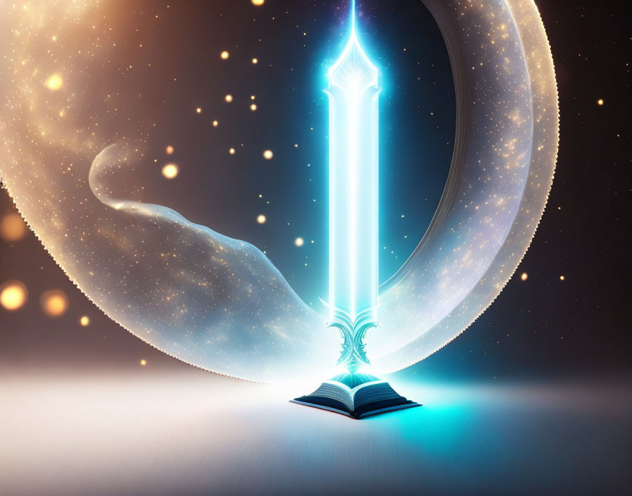 Open book emitting glowing sword-shaped light with crescent moon and sparkles on dark background