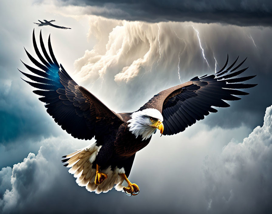 Majestic bald eagle flying amidst stormy sky