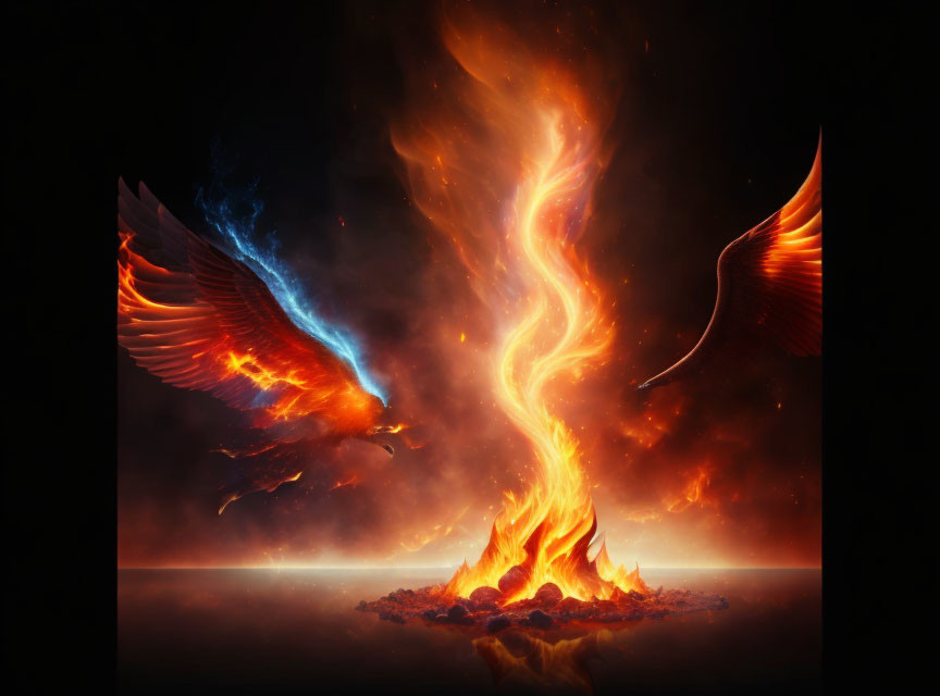 Fiery phoenix rising with blazing wings from flames symbolizing rebirth.