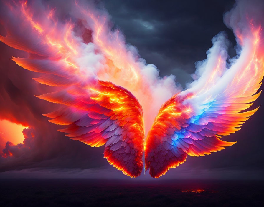 Colorful fiery wings against dramatic sky with red, purple, and blue hues