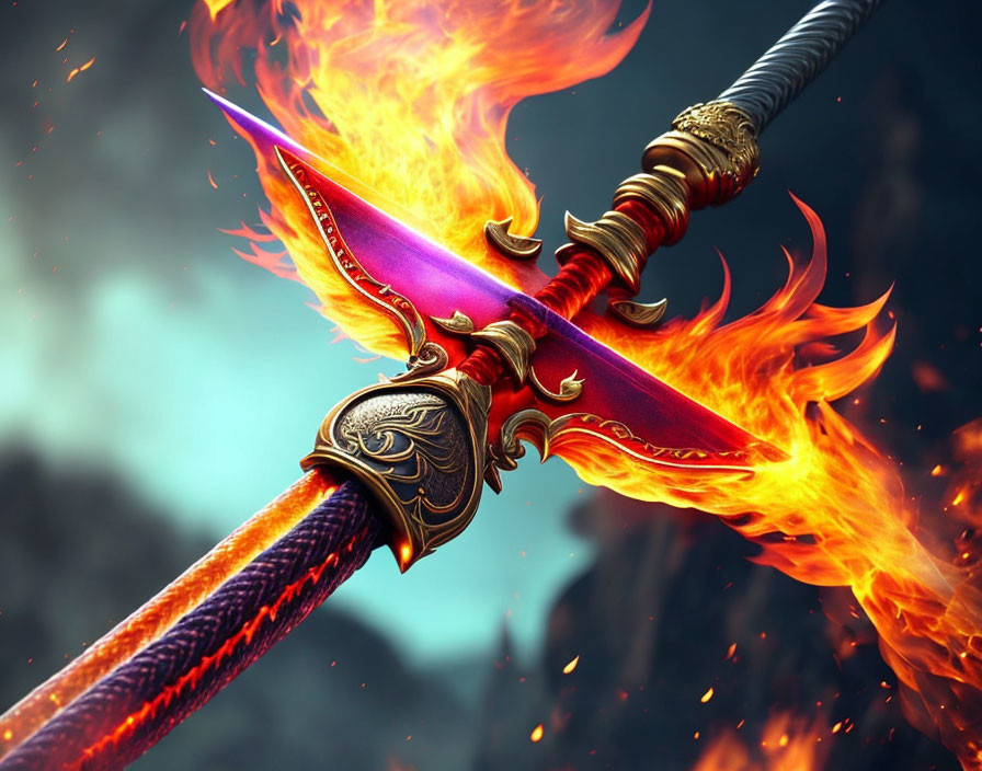 Detailed Image: Ornate Swords Clash in Flames on Dramatic Background
