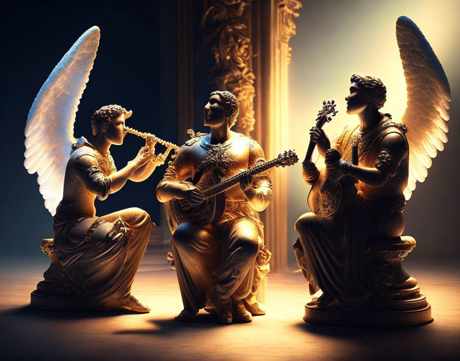 Three angel statues playing musical instruments in warm light against dark background.