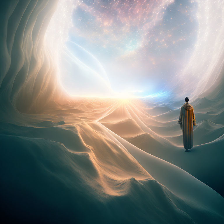 Robed Figure Contemplating Cosmic Sunrise Over Surreal Desert-Space Fusion