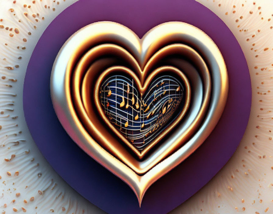 Metallic Hearts Artwork on Purple Background with Radiating Dots