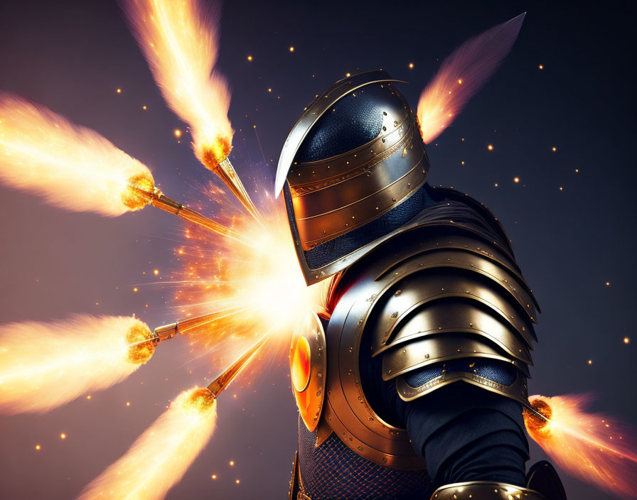 Knight deflects fiery arrows with magical shield in dramatic setting
