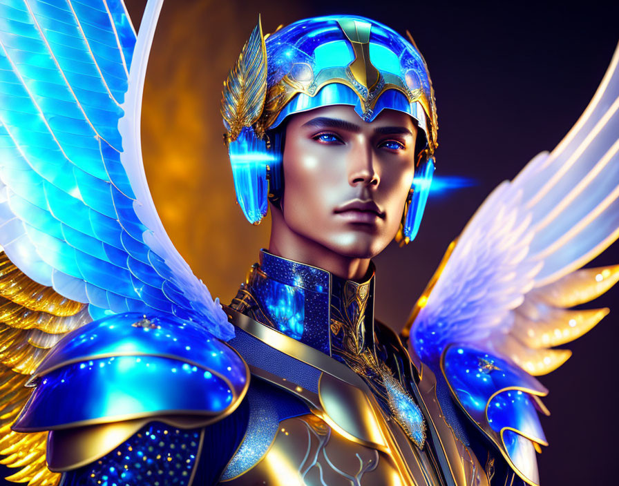 Male figure in golden armor with blue wings and intricate helmet.