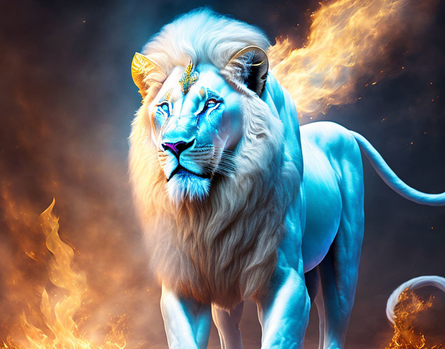 White-Maned Lion Surrounded by Flames on Smoldering Background