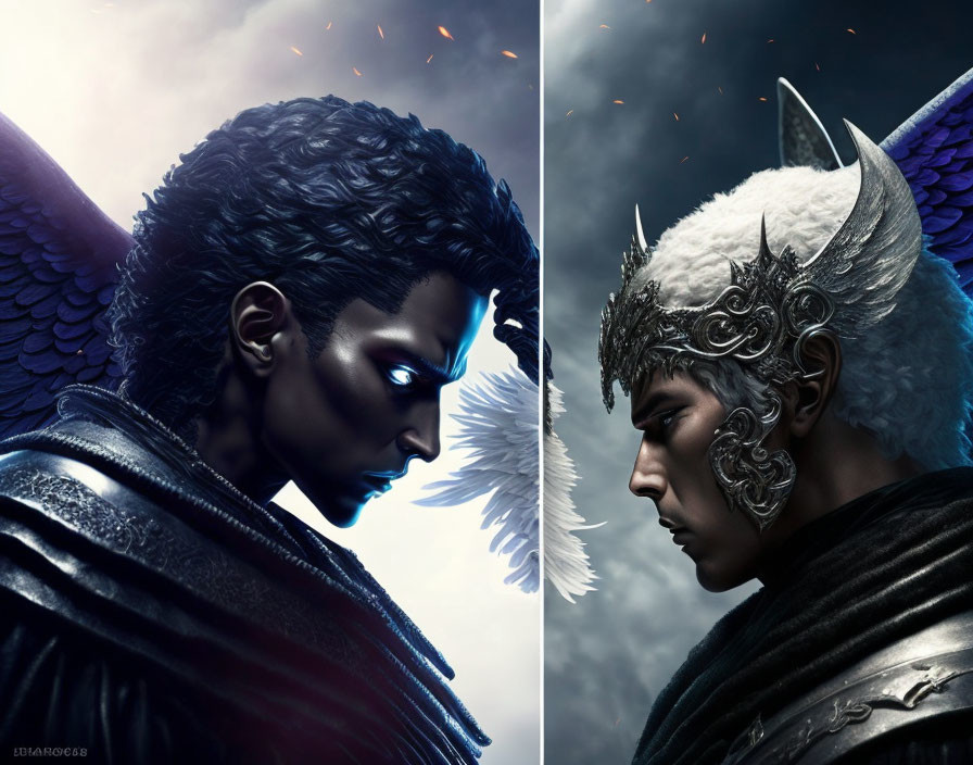 Split image of two fantasy warriors with contrasting wings and color tones