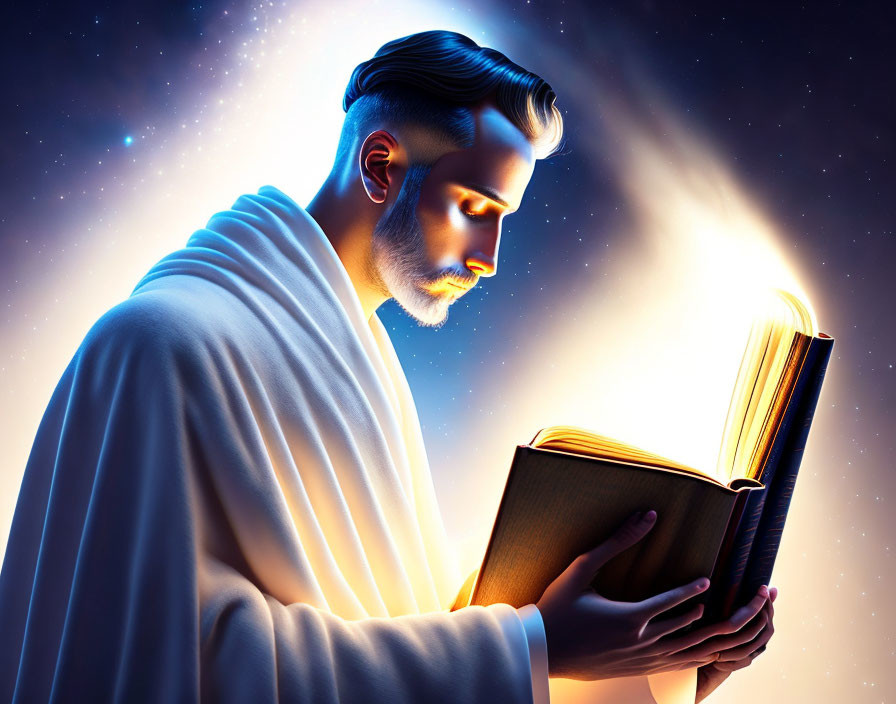 Stylized illustration of man with glowing profile reading book under starry sky