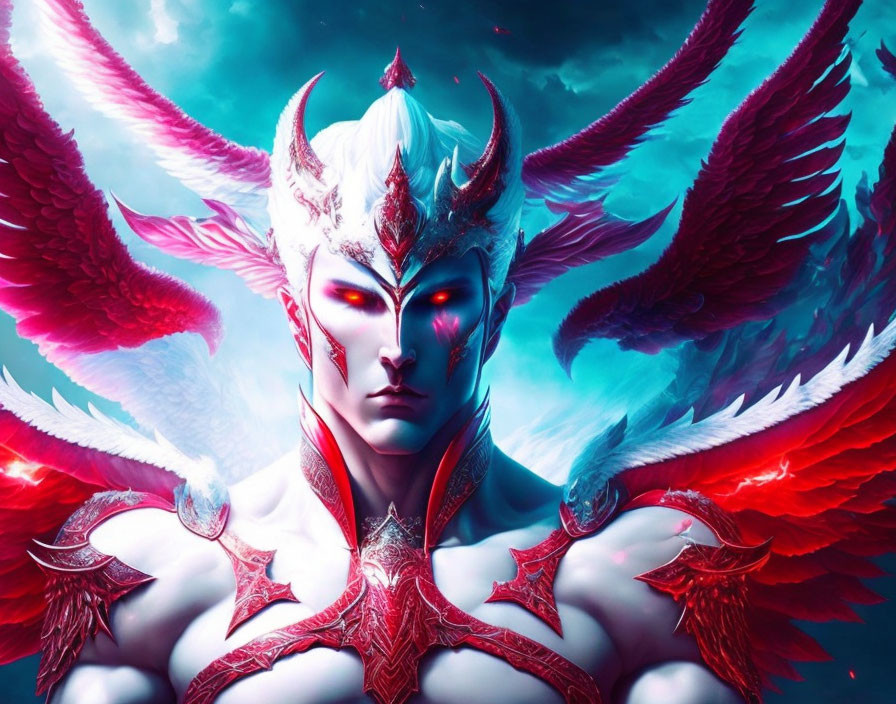 Fantastical character with white hair, red horns, blue eyes, and crimson wings on vibrant blue