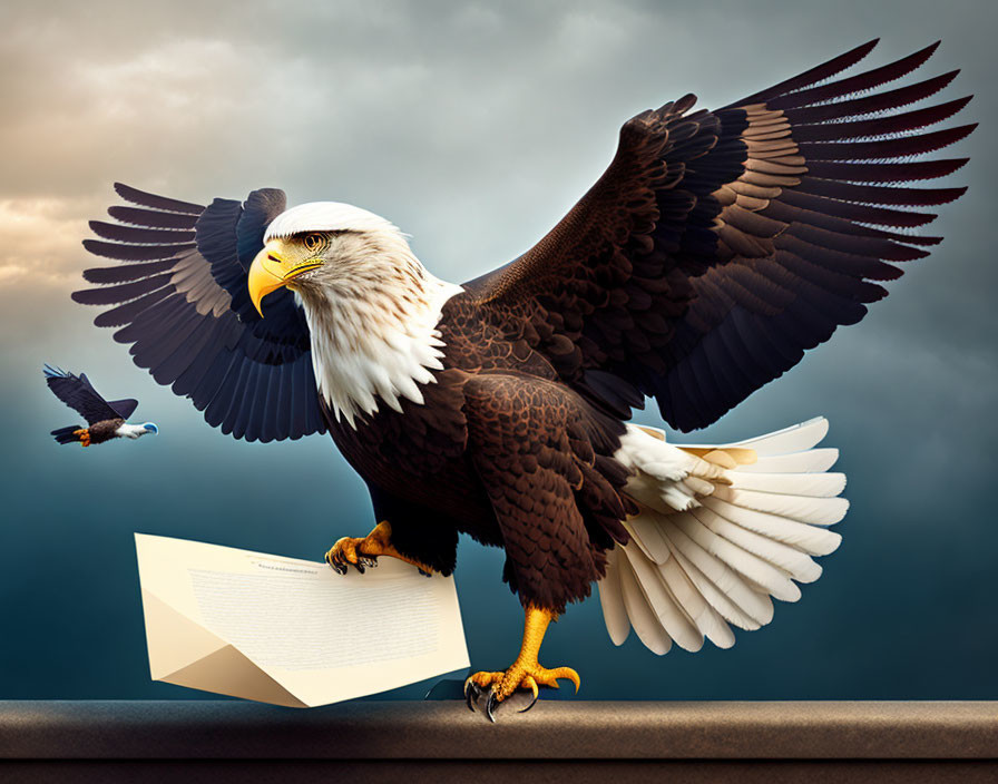 Bald eagle holding envelope on railing with wings spread, another eagle flying under stormy sky