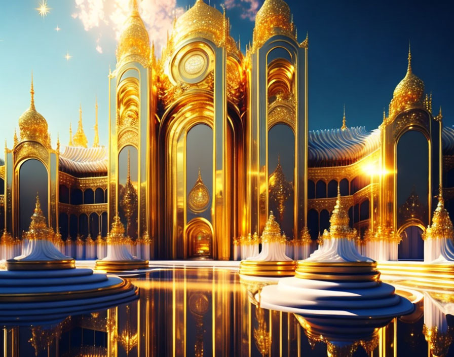 Golden fantasy palace with ornate spires and glowing stars in twilight sky