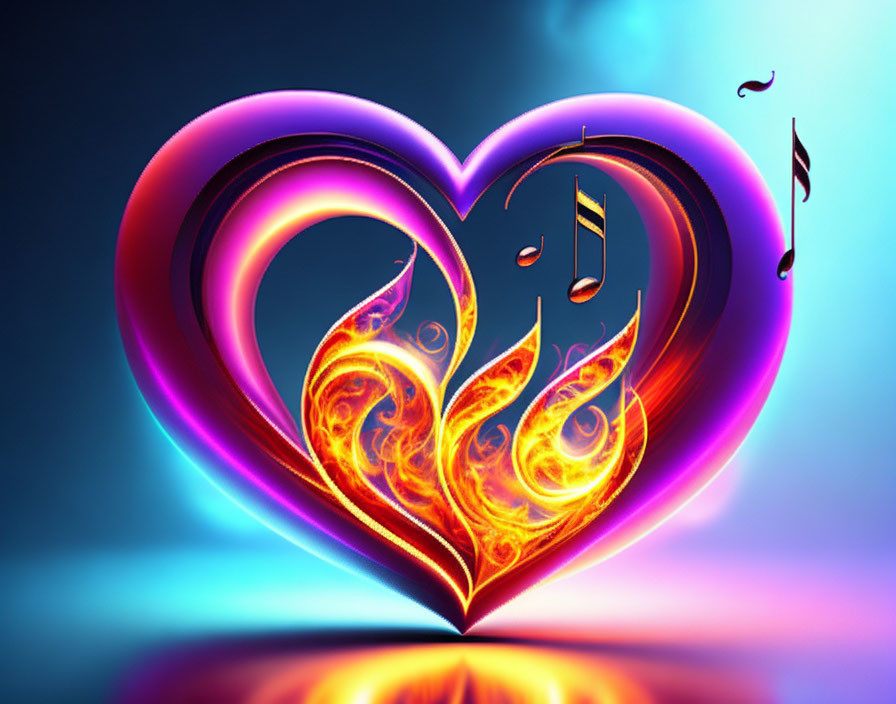 Neon heart with flames and musical notes on blue gradient background