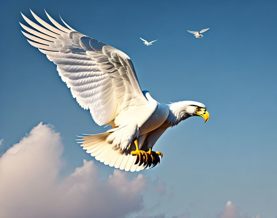 Majestic eagle soaring in blue sky with fluffy clouds