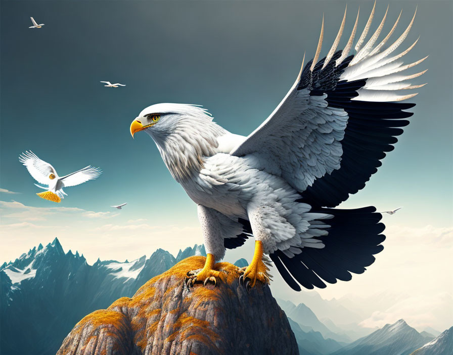 Majestic eagle perched on rocky outcrop with spread wings amidst mountain peaks and clear blue sky