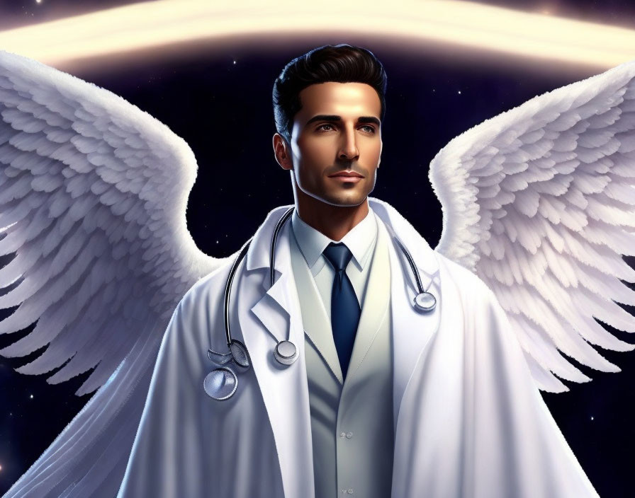Male angel in doctor's coat with stethoscope against cosmic backdrop