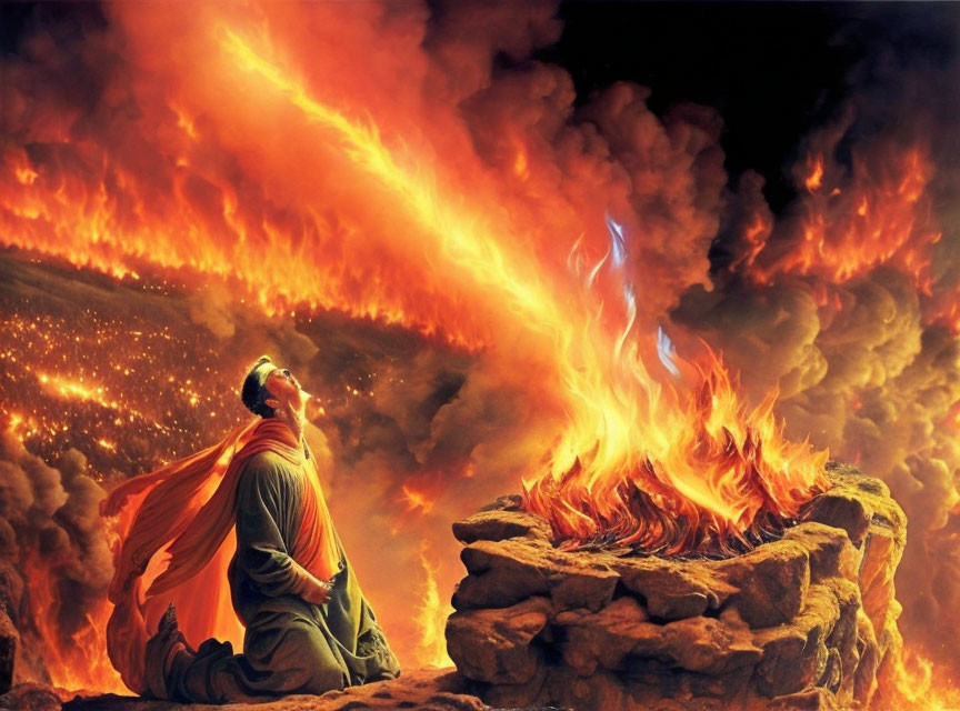 Person in red cloak kneeling before bonfire against lava backdrop