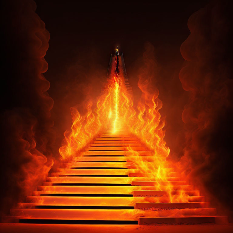 Person on Glowing Fiery Staircase Amid Smoke