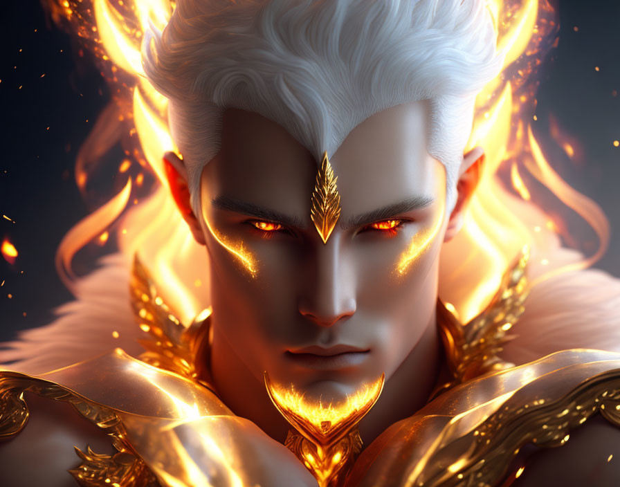Digital artwork featuring character with golden eyes and fiery ornamentation.