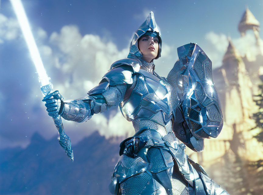 Digital artwork of female knight in shining armor with sword and shield at fantasy castle.