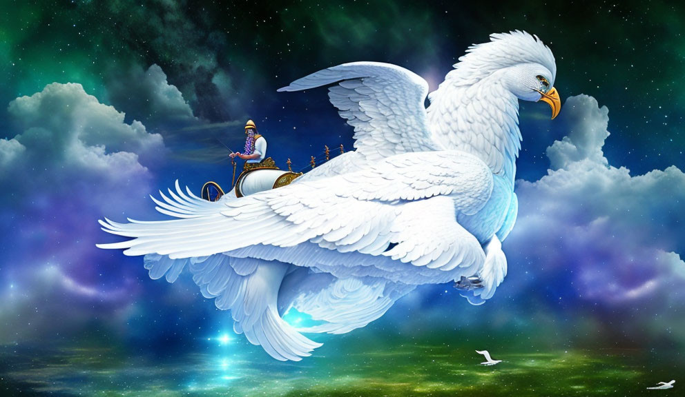 Person riding giant white eagle in starry sky with clouds and birds
