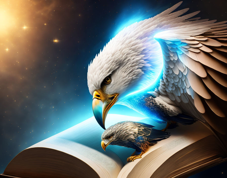 Majestic eagle with blue aura emerging from open book on galaxy backdrop