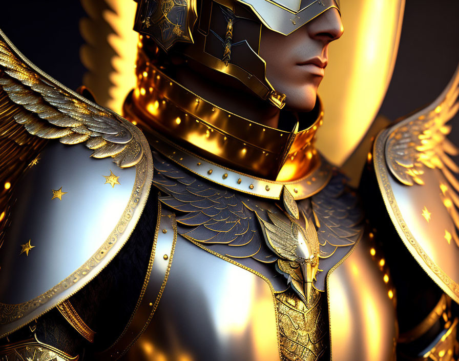 Golden-armored figure with winged motifs and star designs on a dark backdrop