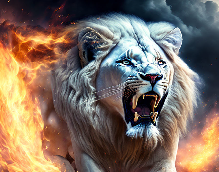 White lion roaring amidst flames and smoke