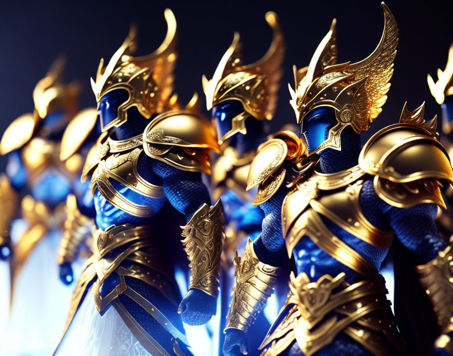 Detailed Golden Armored Knights in Elaborate Helmets on Dark Blue Background