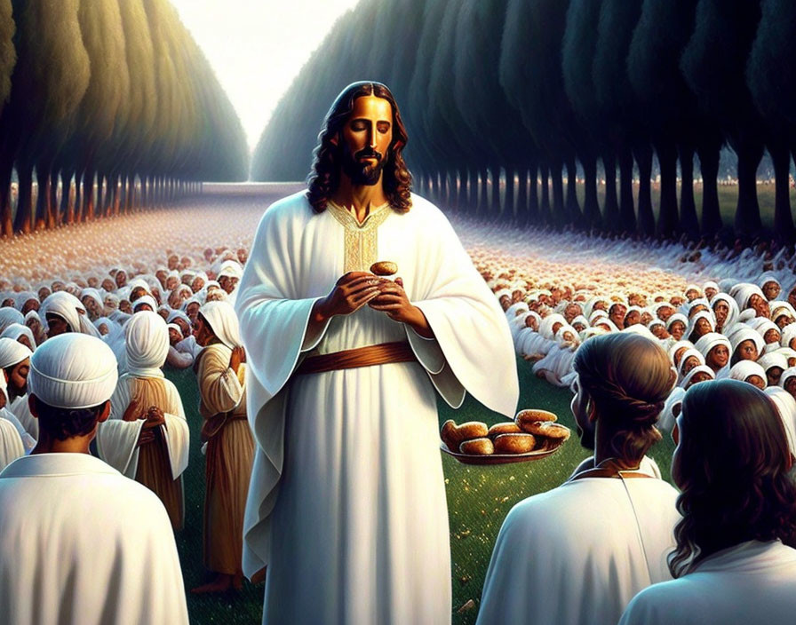 Digital Artwork: Jesus-like Figure with Chalice Surrounded by Followers in Forest
