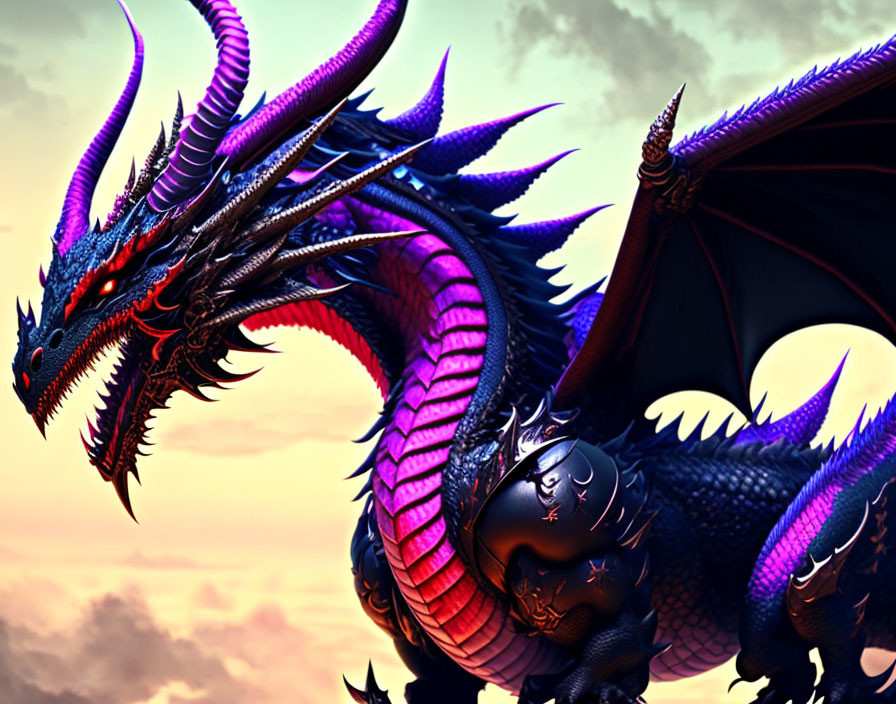 Purple and Black Dragon with Large Wings in Sunset Sky