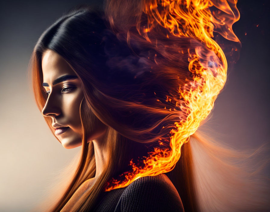 Woman's Profile with Long Hair Transitioning into Flames on Gradient Background