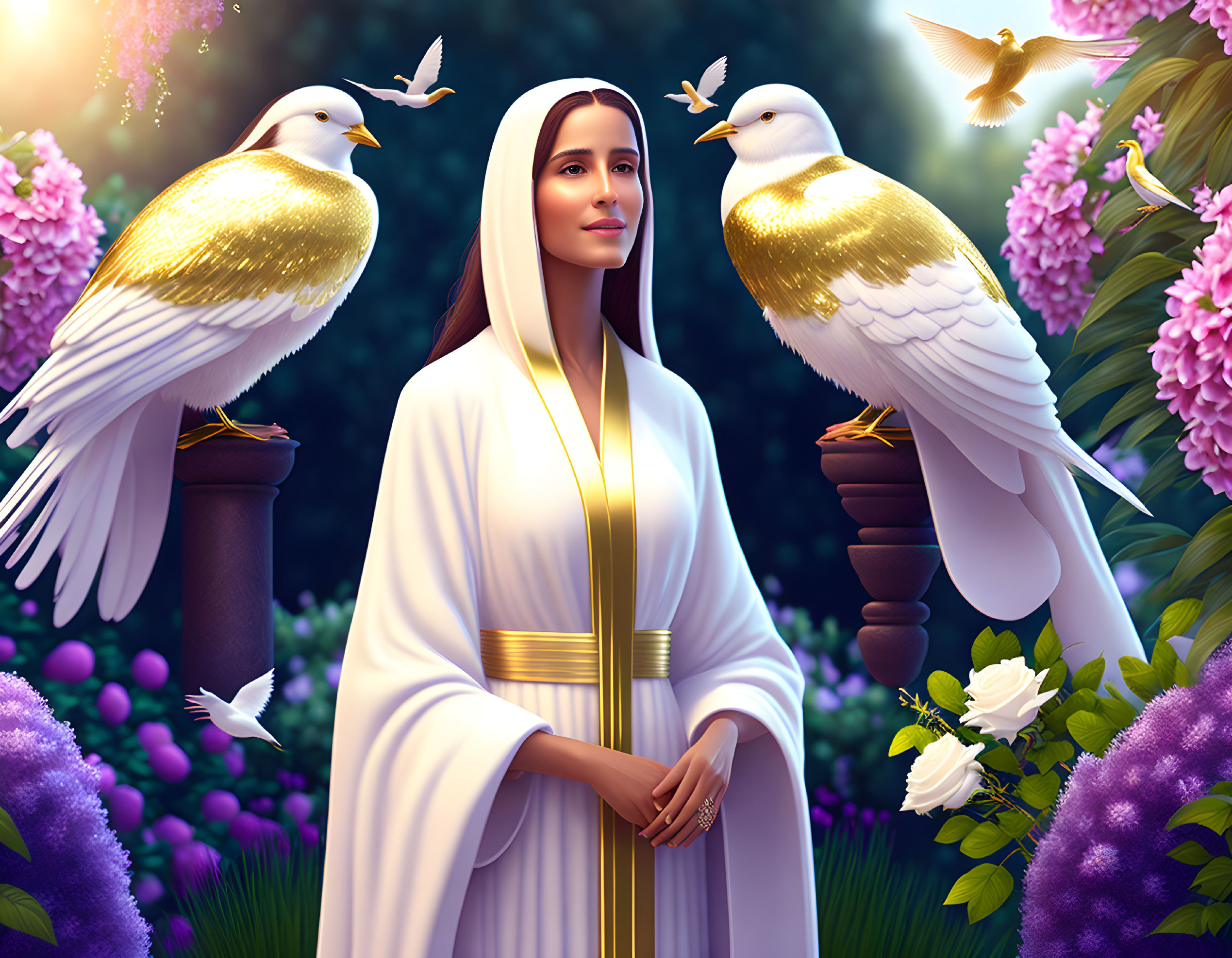 Serene woman in white robe surrounded by golden birds and butterfly in vibrant garden