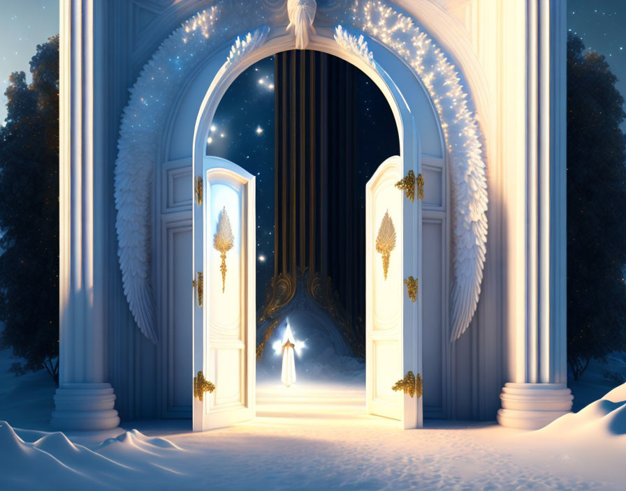 Ornate door frame with magical night sky and glowing figure