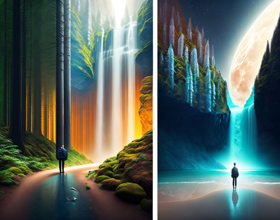 Split-image: Person in lush waterfall vs. moonlit cliffside