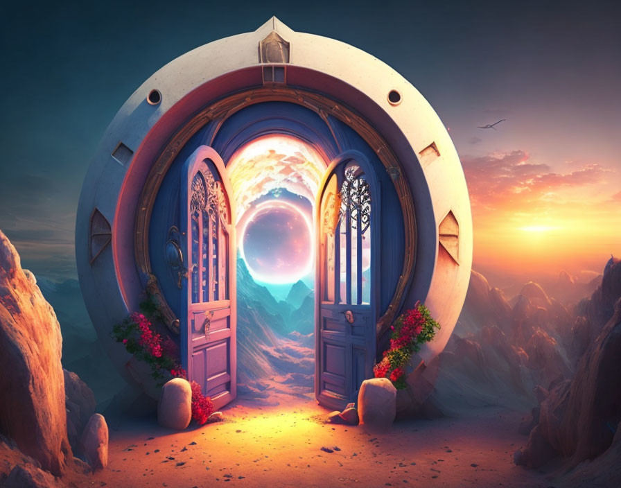 Fantasy door in rock reveals surreal landscape with mountains and vibrant sunset.