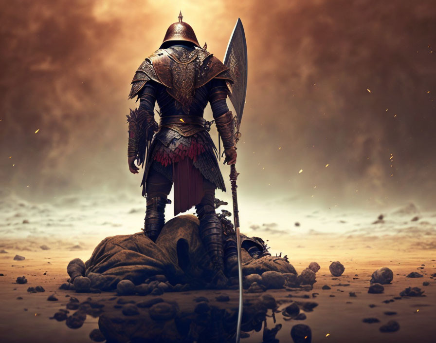 Warrior in ornate armor with spear on rocks under dramatic sky