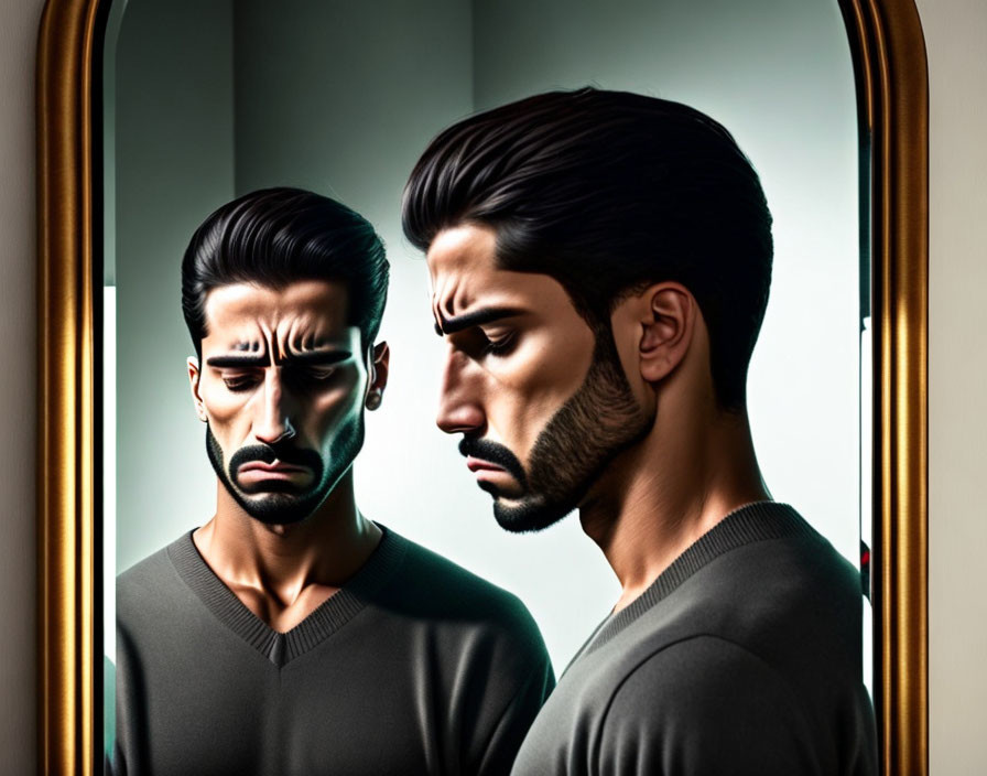 Bearded man gazes at mirror, reflection shows distorted sad face