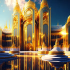 Golden city with spires and ornate architecture in sunlight by serene water