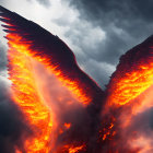 Fiery wings against dramatic sky with dark clouds