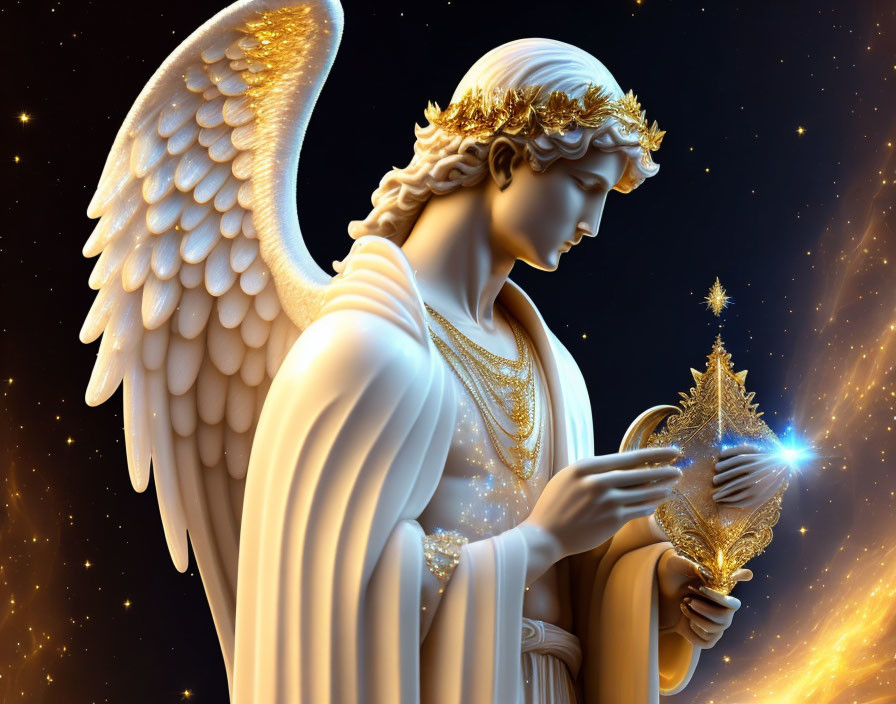 White-winged angel with golden ornaments holding a star on starry sky background