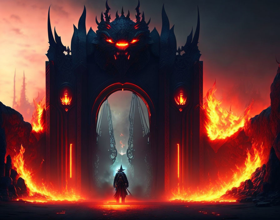 Menacing figure in front of fiery gothic archway and demon statues