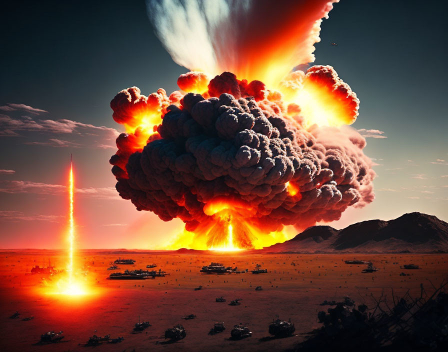 Explosion creates massive mushroom cloud over desert landscape