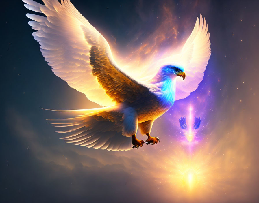 Glowing golden eagle soaring in cosmic sky
