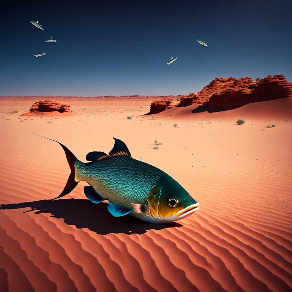 Fish swimming above red desert dunes under a blue sky with flying birds