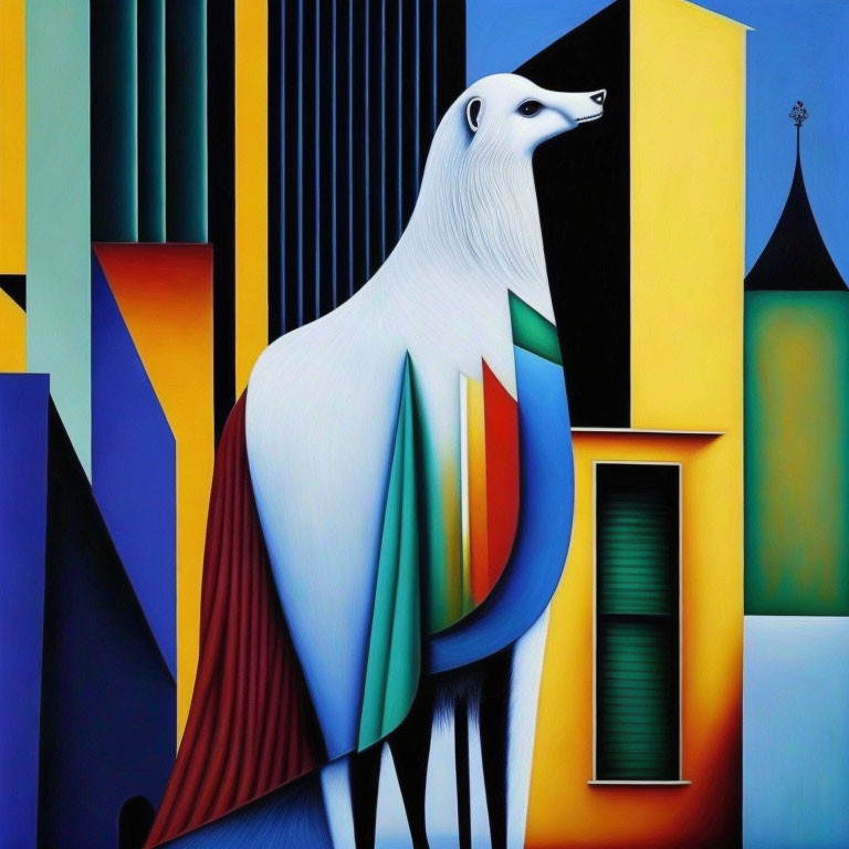 Surreal white dog with elongated neck on colorful geometric background